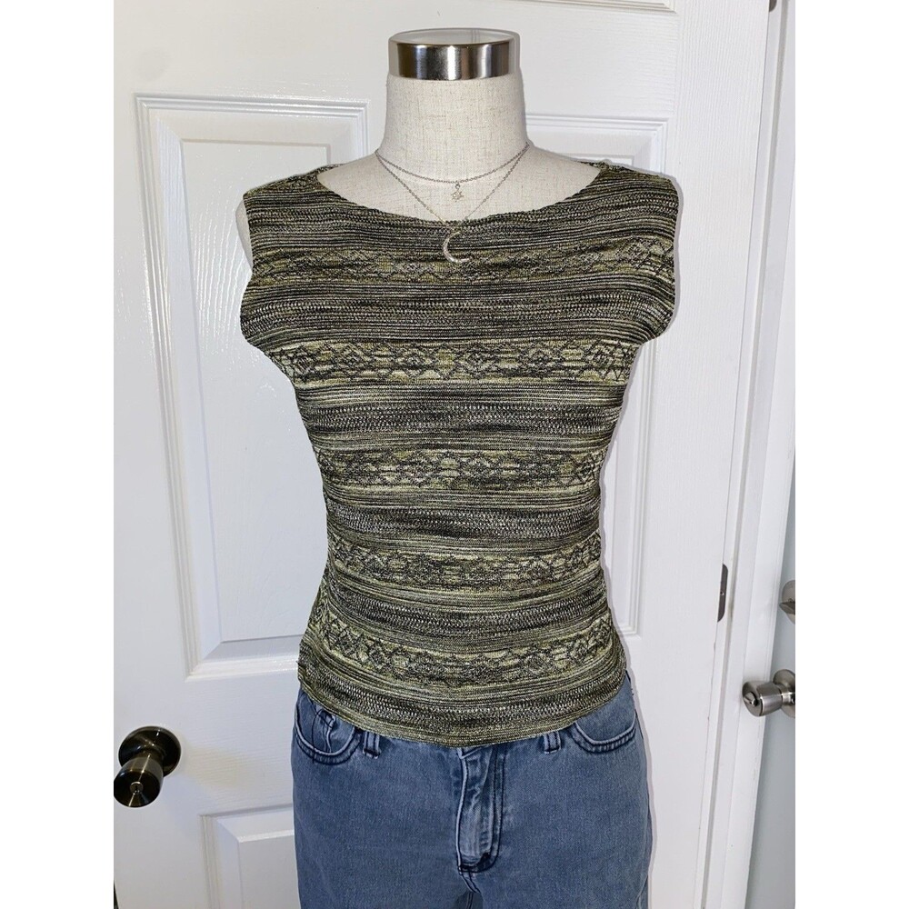 Vintage Hiatus Women's L Green/Black Geometric Sleeveless Crop Top Y2K Grunge